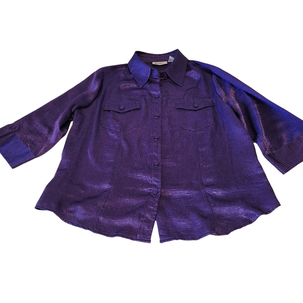 Joanna Petite Blouse Women PL Purple Metallic Shimmer Button Front 3/4 Sleeve